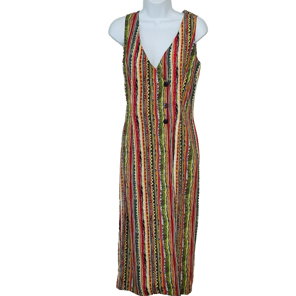 Vintage 90s Midi Dress Tribal Boho Print Size XS Sleeveless Sheath The Limited